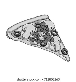 A slice of pizza with different ingredients. Different pizza single icon in monochrome style vector symbol stock illustration web.