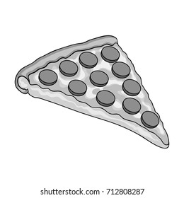 A slice of pizza with different ingredients. Different pizza single icon in monochrome style vector symbol stock illustration web.