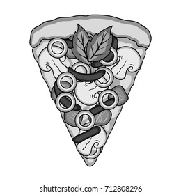 A slice of pizza with different ingredients. Different pizza single icon in monochrome style vector symbol stock illustration web.