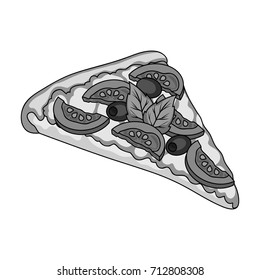 A slice of pizza with different ingredients. Different pizza single icon in monochrome style vector symbol stock illustration web.