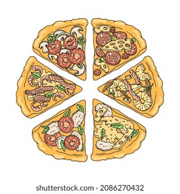 Slice of pizza with different toppings: pepperoni, Hawaiian, plain cheese and seafood. Vector recipe maker for Italian Pizza with various ingredients. Fast food cartoon illustration.