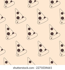 Slice of pizza doodle food seamless pattern. Repeat vector illustration of pizza with salami or pepperoni on beige background for pizzeria, restaurant, menu, delivery, packaging