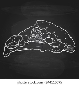 Slice Of Pizza Doodle Over Chalkboard Background, Food Design - Vector Outline Cartoon.