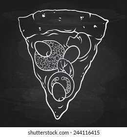 Slice Of Pizza Doodle Over Chalkboard Background, Food Design - Vector Outline Cartoon.