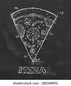 A Slice Of Pizza. Pizza Drawn. Chalk Drawn Pizza On A Blackboard. Pizza Icon. Pizza Decor. Pizza Sign. Vector Illustration.