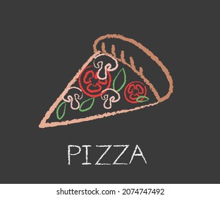 Slice of pizza drawn with chalks on black blackboard.
