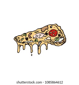 Slice of pizza with dripping cheese on white background. Cartoon style. Vector clip art illustration. Doodle art. Freehand outline hand drawn. delicious food. easy to use.