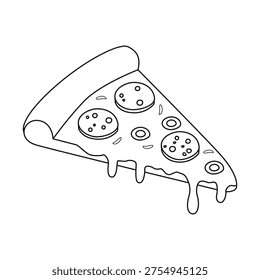 A slice of pizza with dripping cheese, pieces of sausage, olives, and herbs. Element for coloring. Outline vector illustration isolated on a white background