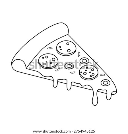 A slice of pizza with dripping cheese, pieces of sausage, olives, and herbs. Element for coloring. Outline vector illustration isolated on a white background