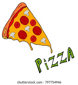 A slice of pizza dripping cheese  vector illustration.Vector pizza slice.Fast food flat cartoon isolated illustration on a white background.Pepperoni,cheese,tomato.Restaurant,cafes advertising object