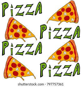A slice of pizza dripping cheese  vector illustration.Vector pizza slice.Fast food flat cartoon isolated illustration on a white background.Pepperoni,cheese,tomato.Restaurant,cafes advertising object