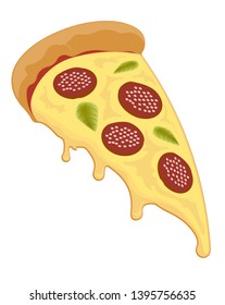 Slice of pizza with drips of cheese, salami and leaves of basil. 