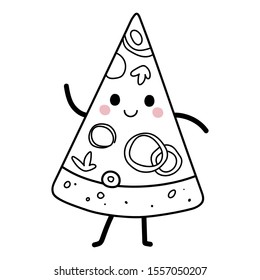 Slice of pizza with face, arms and legs. Cute kawaii cartoon fast food. Doodle character on white background. Vector line illustration for kids design, colorings.