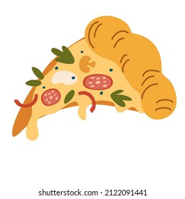 Slice of pizza. Fast food. Delicious pizza with sausage, mushrooms, cheese and pepper. Vector cartoon illustration isolated on the white background. 