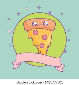 slice of pizza in frame circular with ribbon kawaii style
