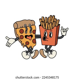 A slice of pizza and french fries are hugging together. Happy and cheerful emotions. Old animation 60s 70s, funny cartoon characters. Trendy illustration in retro style, vector