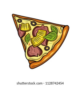 Slice of pizza. Ham, olives, cheese, pineapple. Illustration. Isolated images on white background. Vintage style.