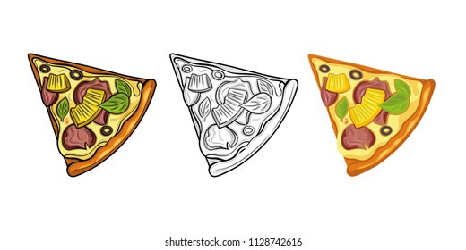 Slice of pizza. Ham, olives, cheese, pineapple. Illustration. Isolated images on white background. Vintage style.