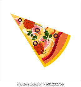 Slice Of Pizza With Ham And Tomatos, Street Fast Food Cafe Menu Item Colorful Vector Icon