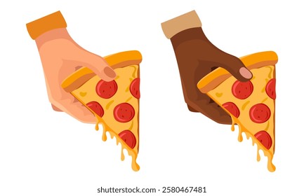 Slice of pizza in hands on white background. White and dark skinned hands holding a slice of pepperoni pizza with cheese dripping Vector illustration