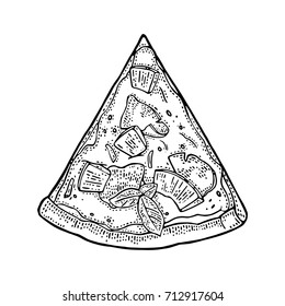 Slice pizza hawaiian. Top view. Vintage vector drawn engraving illustration for poster, menu, box. Isolated on white background
