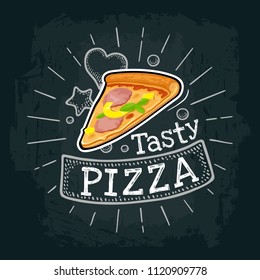Slice pizza hawaiian. Vector color flat illustration for poster, label and menu cafe fast food. Isolated on the black chalkboard with vintage white chalk engraving rays, lettering, bubble