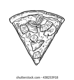 Slice pizza hawaiian. Vintage vector drawn engraving illustration for poster, menu, box. Isolated on white background
