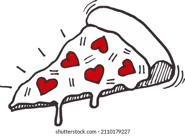 A slice of pizza with hearts. Black and white doodle illustration.