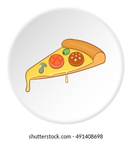 Slice of pizza icon in cartoon style on white circle background. Food symbol vector illustration