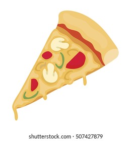 Slice of pizza icon in cartoon style isolated on white background. Pizza and pizzeria symbol stock vector illustration.