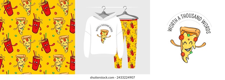 Slice of pizza icon concept - Worth a thousand words. Dancing Food set, seamless pattern, cute mascot illustration for tee prints, pajamas, baby shower decor, fabric design, wrapping, banner, sticker