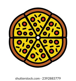 Slice of pizza icon, logo, Italian pepperoni, top view, vector illustration isolated on white background