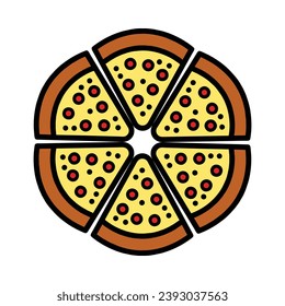 Slice of pizza icon, logo, Italian pepperoni, top view, vector illustration isolated on white background