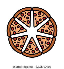 Slice of pizza icon, logo, Italian pepperoni, top view, vector illustration isolated on white background