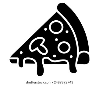 Slice of pizza icon. Pizza piece black illustration. Pizzeria symbol. Fast food sign.