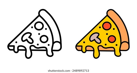 Icono de rebanada de pizza. Ilustración de color de la pieza de pizza. Símbolo de la pizzería. Señal de comida rápida.