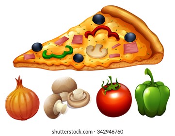 Slice of pizza and ingredients illustration