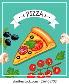 Slice of pizza and ingredients illustration