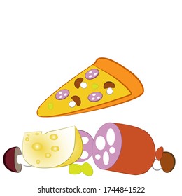 Slice of pizza and ingredients to it isolated white background.