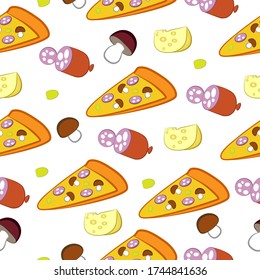 A slice of pizza and ingredients to it on a white background. Vector seamless illustration.