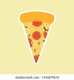 slice of pizza isolated on color background. slice cheese pizza with tomato, lettuce & bacon, sausage flat design style. tasty & Appetizing fast food. 