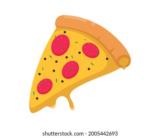 Una rebanada de pizza aislada en un fondo blanco. icono de la comida, concepto de comida callejera. Plantilla de color para cafés, restaurantes. Ilustración del vector