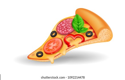 Slice Pizza Isolated, Pepperoni, Cheese, Basil, Tomato, Red Bell Pepper, Hand Drawn Vector 3D Illustration