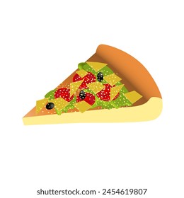 Slice Pizza Isolated, Pepperoni, Cheese, Basil, Tomato, Red Bell Pepper, Hand Drawn Vector 3D Illustration