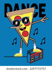 Slice of pizza make dab move, dancing hip-hop and lisening music. Funny print for boy t shirt. Vector illustration.