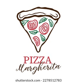 Slice of pizza margherita doodle outline vector icon  for delivery service, restaurant, dinner and italian menu. Graphic icon, logo on white background. Pizzeria logo template.