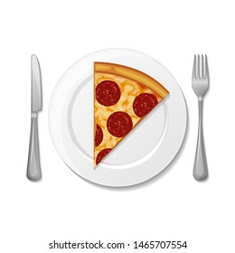 Slice of pizza margherita on the plate, fork, knife on white background. Object for packaging, advertisements, menu. Isolated on white. Vector illustration. Cartoon.