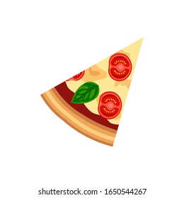 Slice of pizza margherita with tomato, cheese, basil top view isolated on white background. Flat traditional italian fast food icon. Vector illustration for web, advert, menu