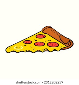 Slice of pizza with melted cheese in hand drawn style, flat pizza illustration