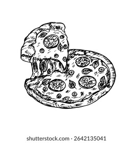 Slice of pizza with melting cheese sketch drawing illustration. Pizza outline drawing in engraving style, fast food hand-drawn vector clipart